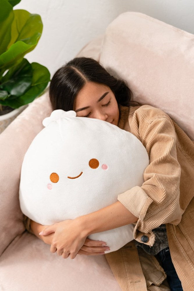 A woman sleeping with a dumpling-shaped plush on a light-pink couch, with a plant in the background.
