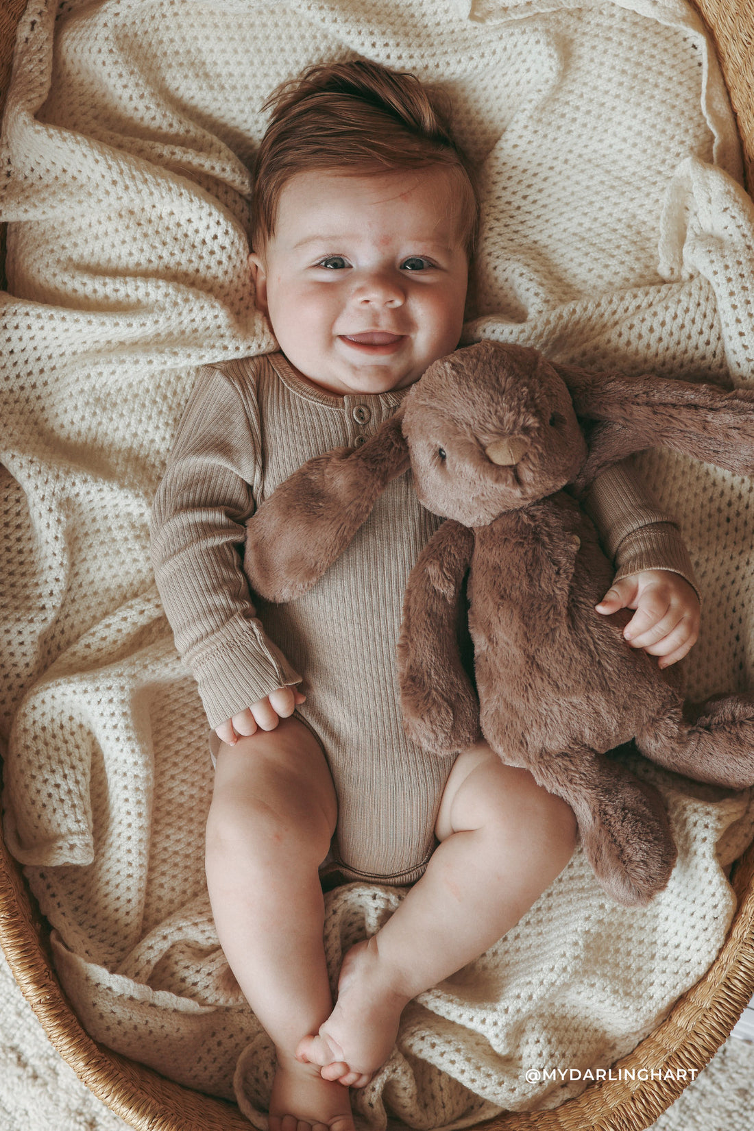 A baby lying in a basket with a brown bunny.