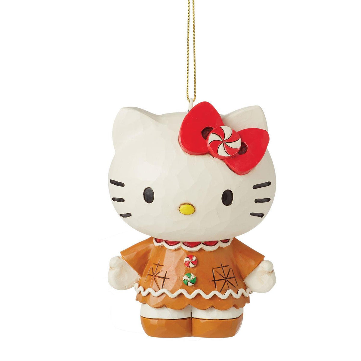 Gingerbread-dressed Hello Kitty hanging ornament with red bow.
