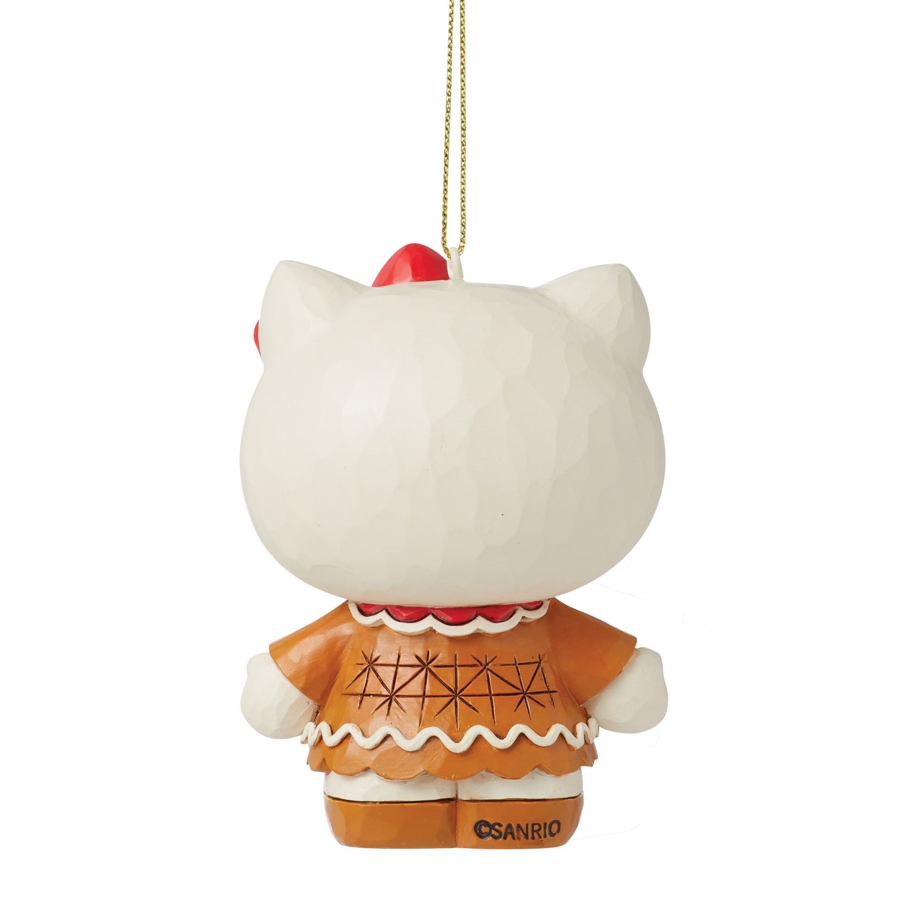 Back view of Hello Kitty ornament in brown gingerbread dress.