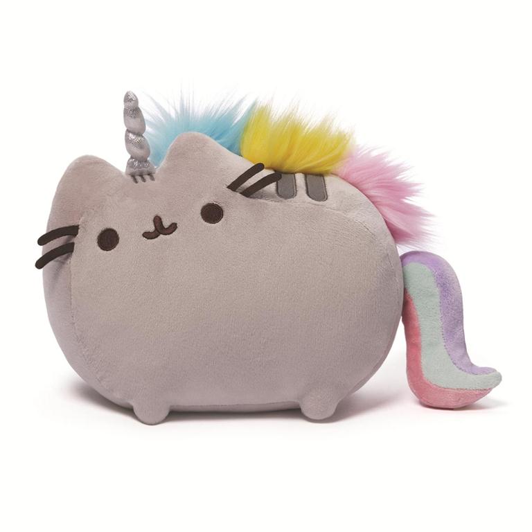 Plush gray Pusheen unicorn toy with colorful mane and tail.