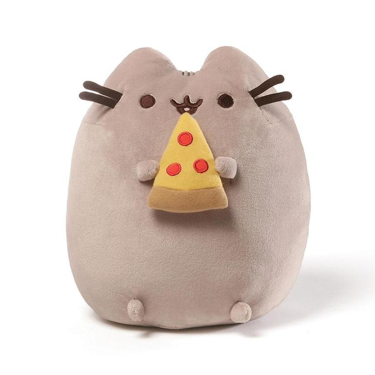 Stuffed Pusheen cat holding a pizza slice.