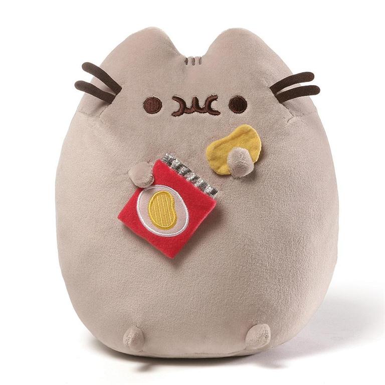 Pusheen plush toy holding a chip bag and chip.