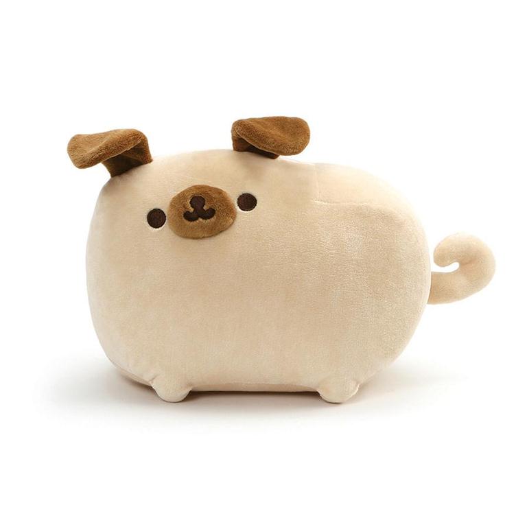 Tan plush pug toy with brown ears and snout.