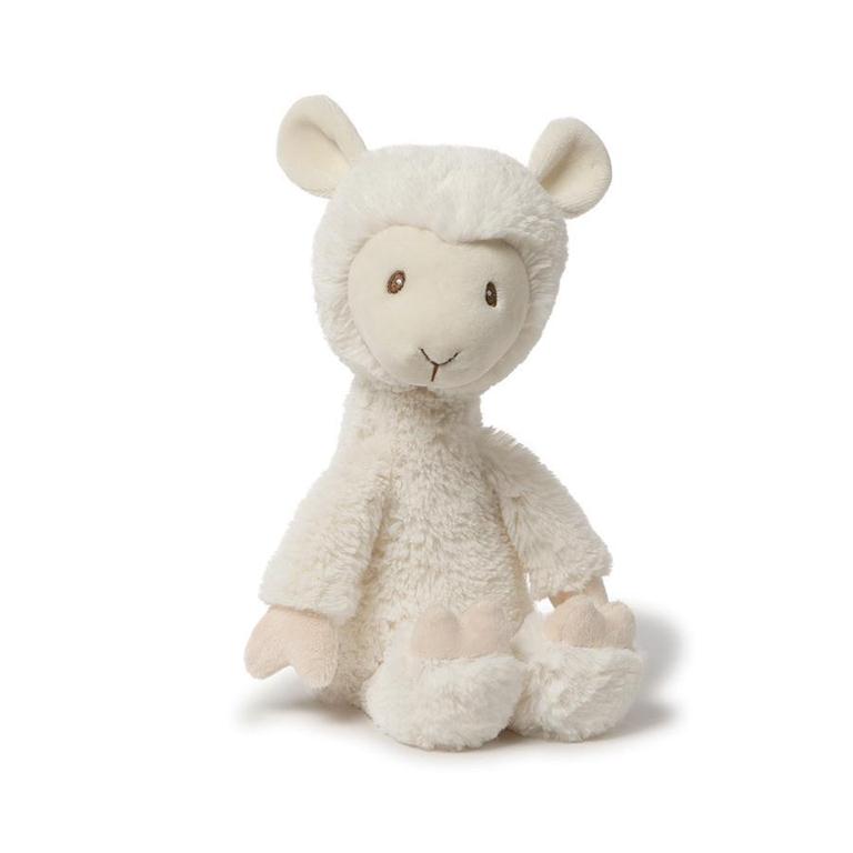 Off-white stuffed lamb toy with small Y-shaped embroidered mouth.