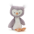 Purple owl plush toy with white accents and orange feet.