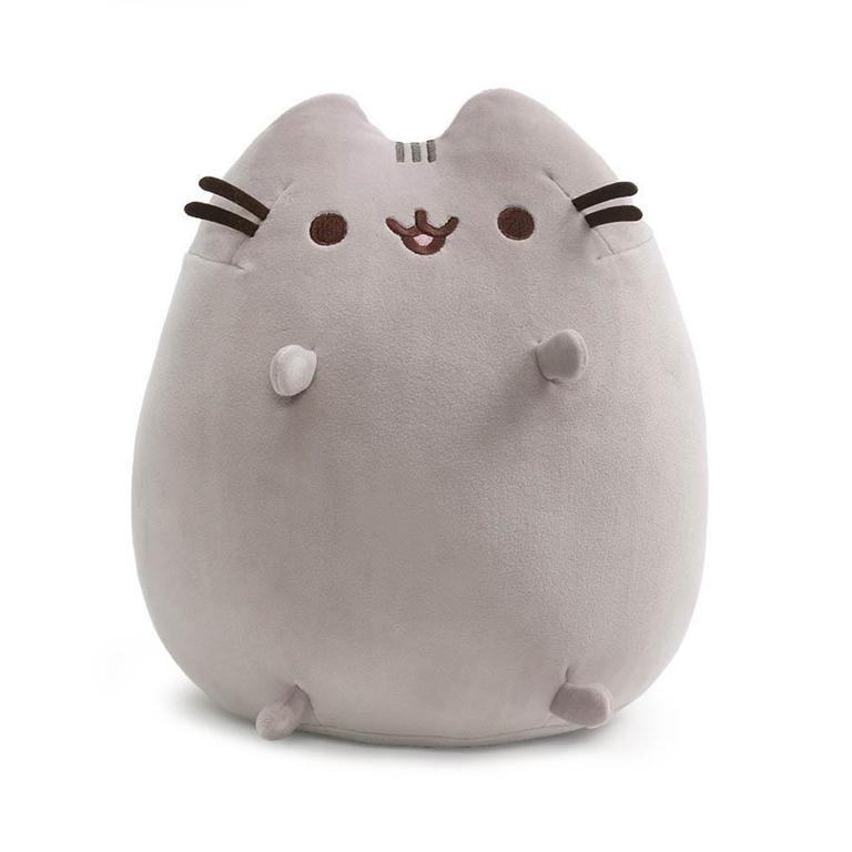 Gray Pusheen cat plush with whiskers and outstretched paws.