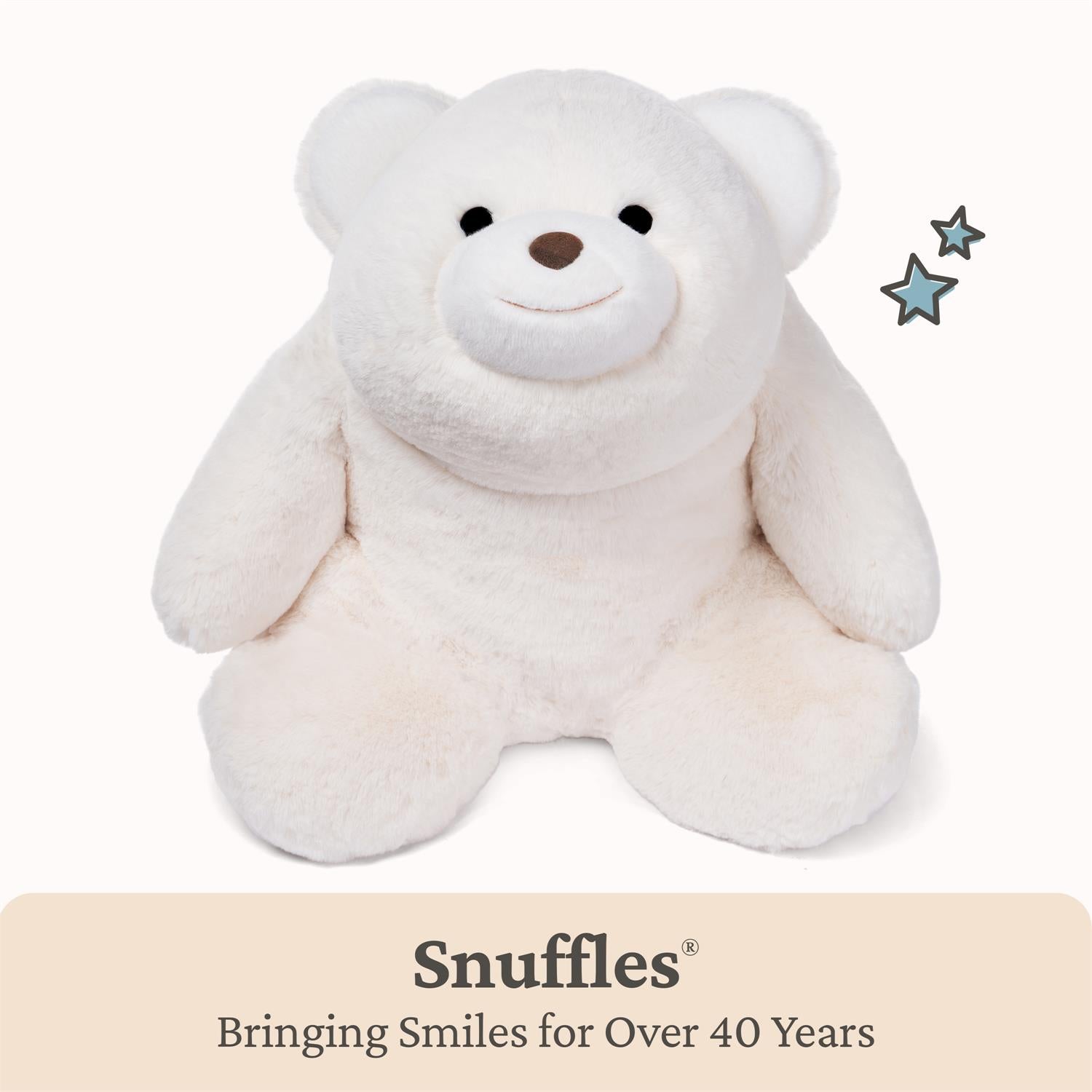 White teddy bear plush toy with 'Snuffles' branding on a white background