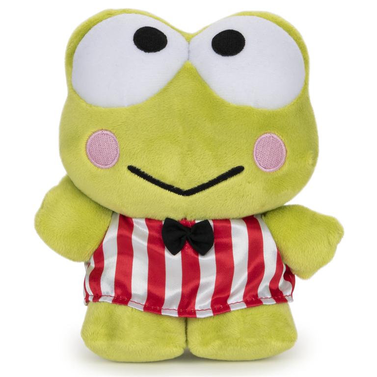 Keroppi plush toy with a red and white striped vest and black bow tie.