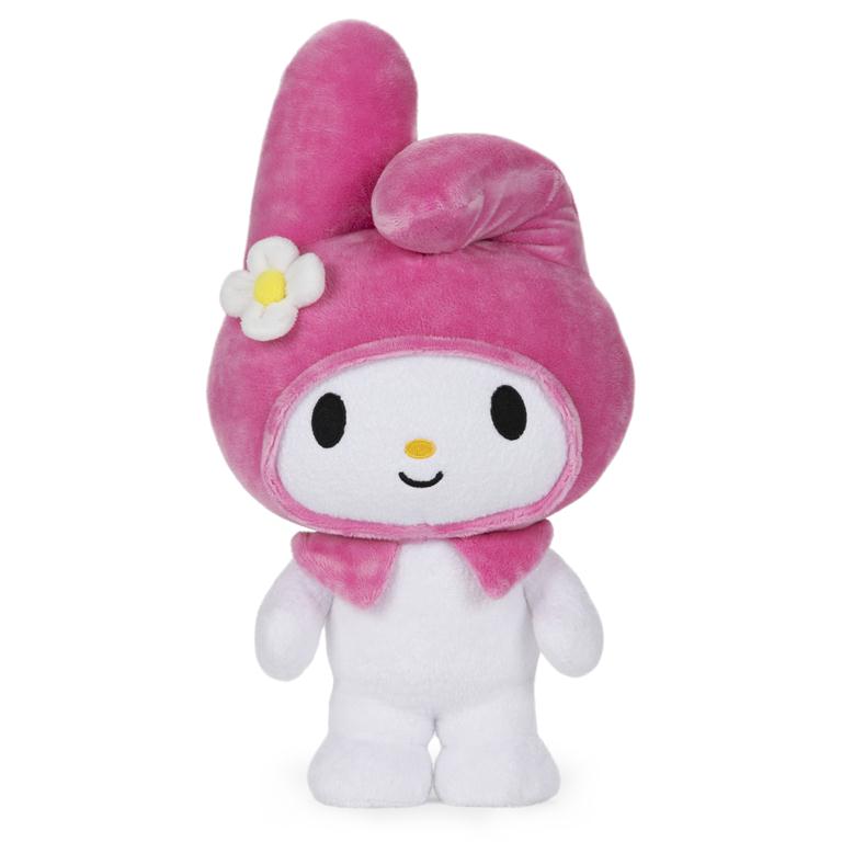 Pink and white plush My Melody doll with a pink hood and flower.