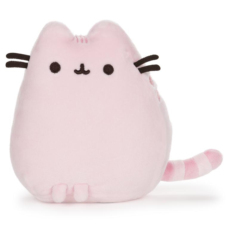 Pink plush Pusheen cat with whiskers and striped tail.