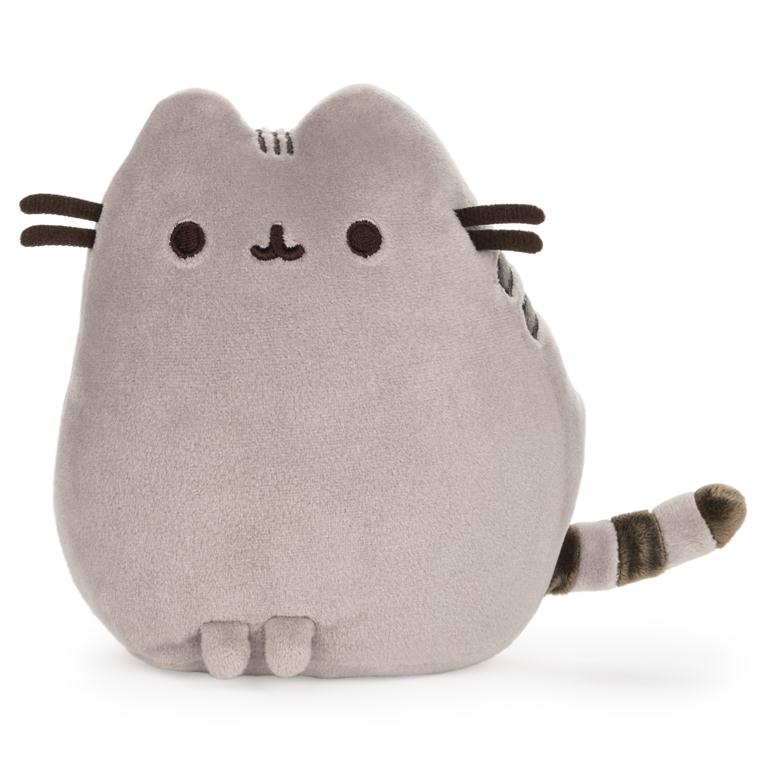 Grey stuffed cat with brown stripes on tail and whiskers.