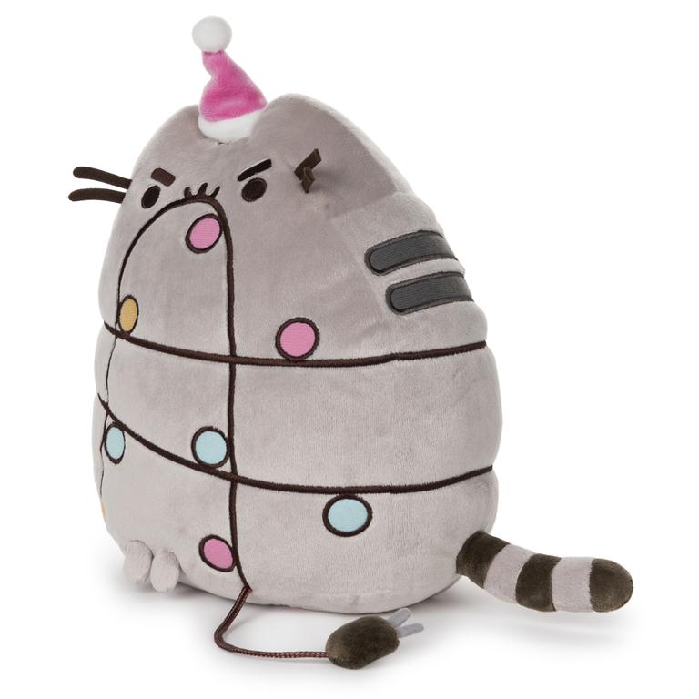Gray Pusheen plush with a pink Christmas hat and festive string lights.