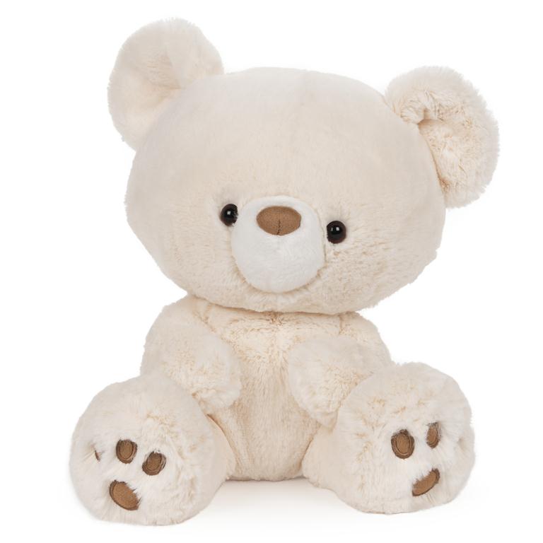 Beige teddy bear with brown paws on a white background