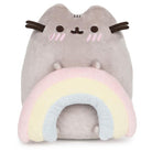 Gray, plush Pusheen cat holding a pastel rainbow.
