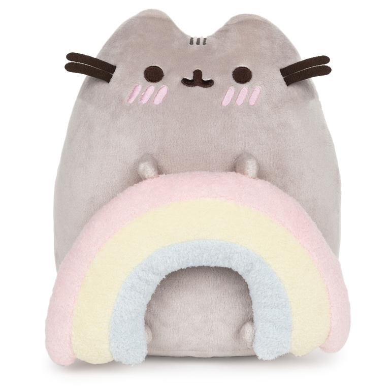 Gray, plush Pusheen cat holding a pastel rainbow.