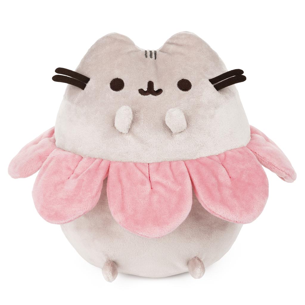 A plush gray Pusheen cat wearing a pink flower collar.