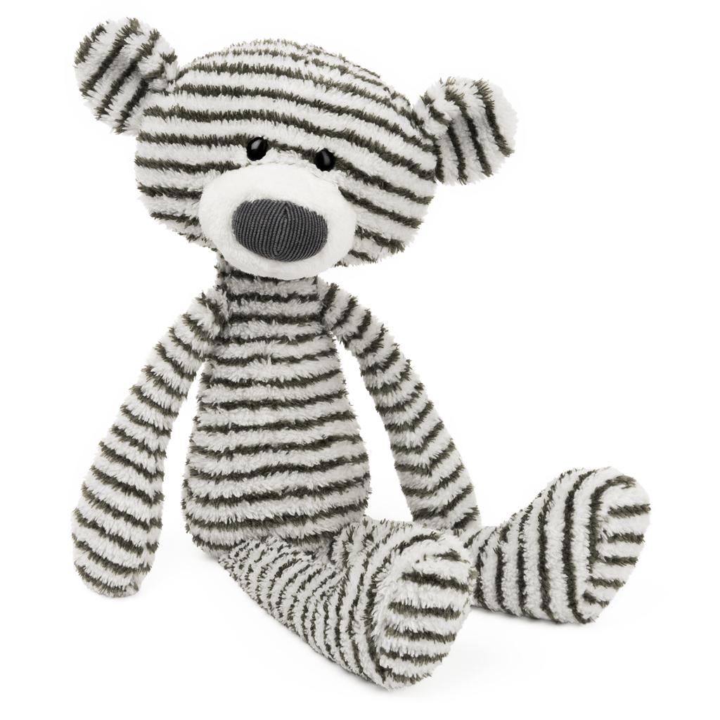 Striped stuffed bear sitting.