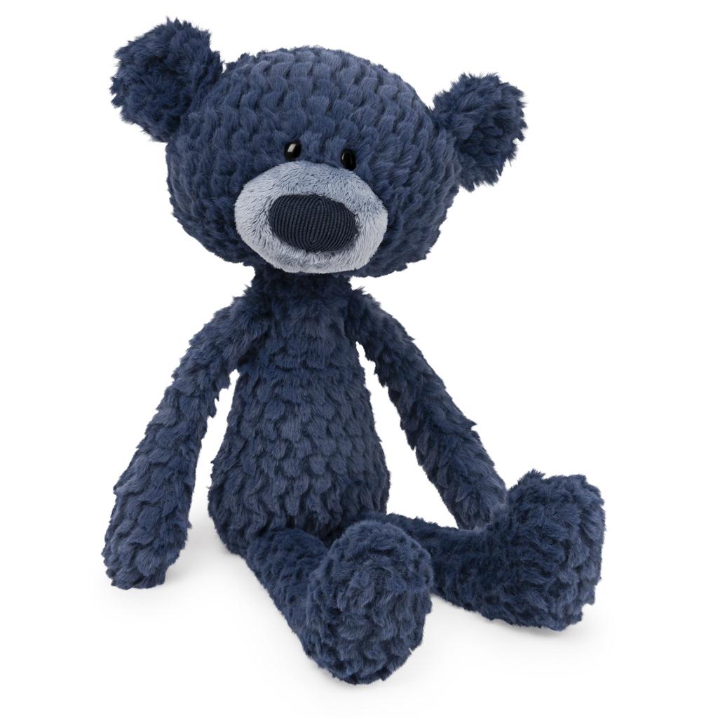 Blue teddy bear seated on white background.
