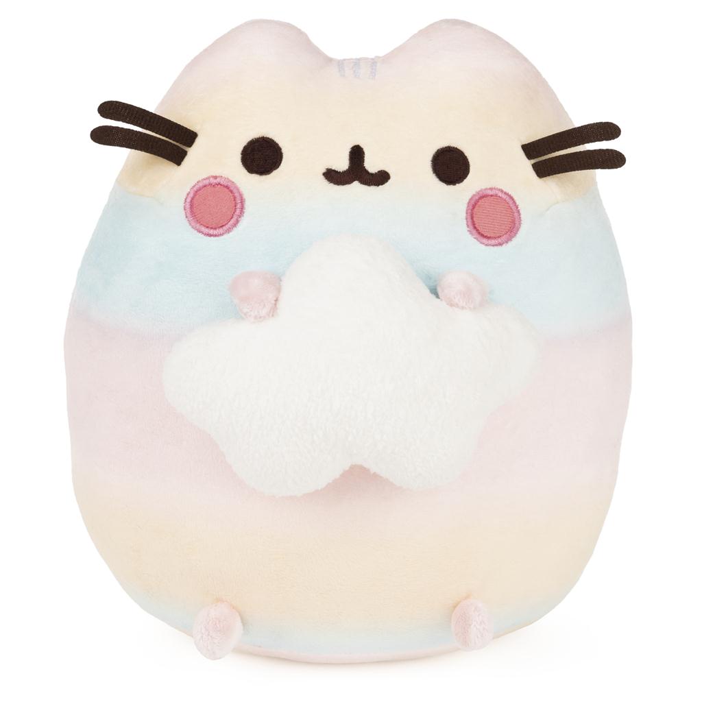 Pastel rainbow Pusheen plush toy holding a cloud.