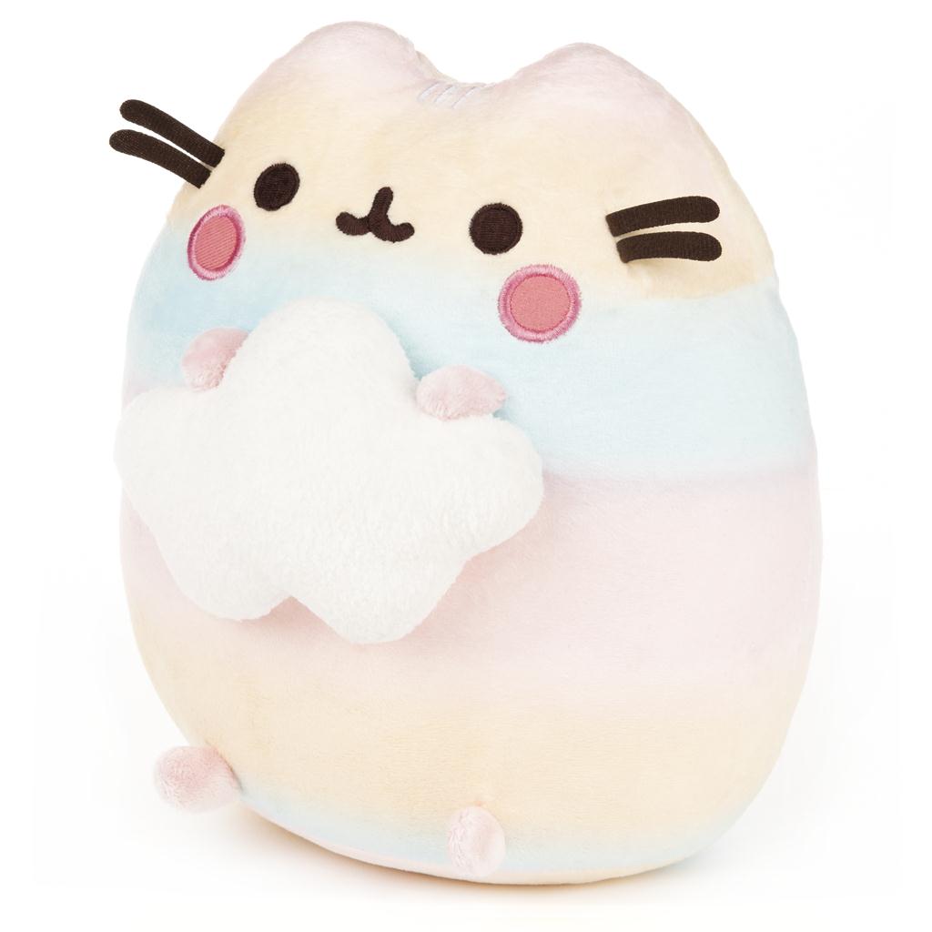 Pastel cat plush holding a white cloud.