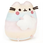 Pusheen cat plush toy holding a white cloud, with pastel rainbow colors.