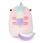 Back view of a pink plush cat-unicorn with colorful mane and tail.