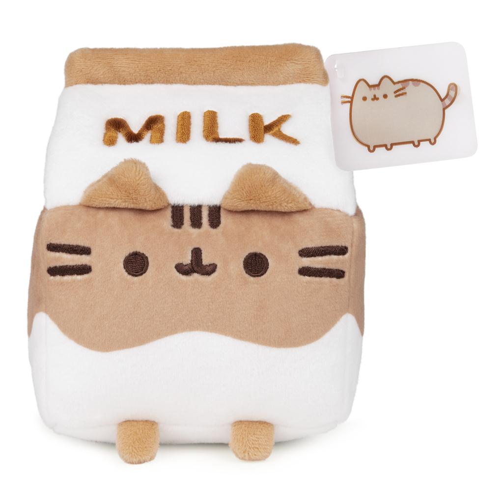 Tan and white Pusheen cat milk carton plush toy.