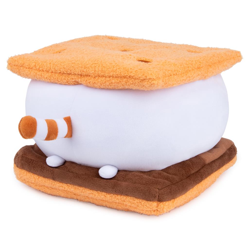 Plush toy designed to look like a s'more with white filling, brown base, and orange top.