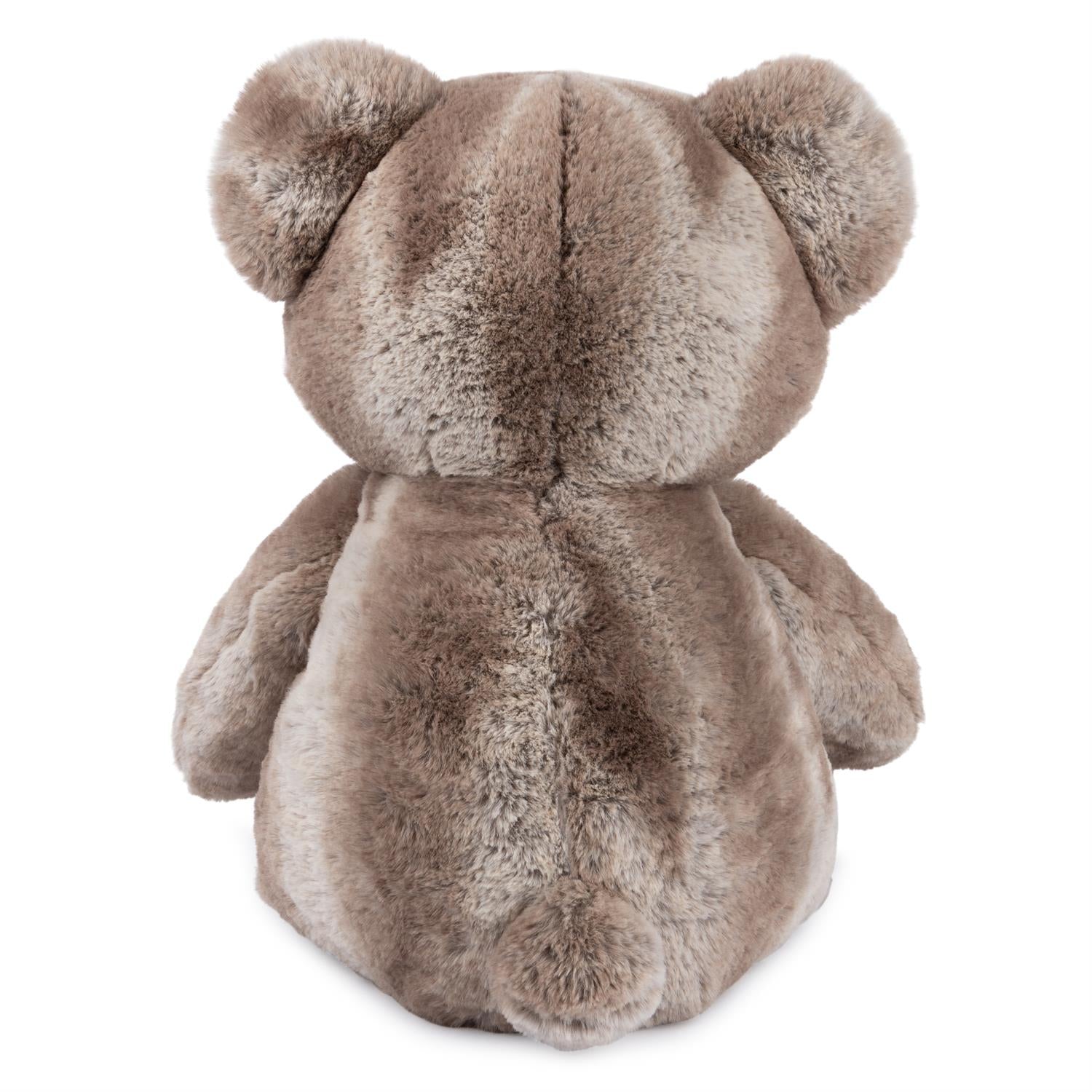 Back view of a plush, gray teddy bear.