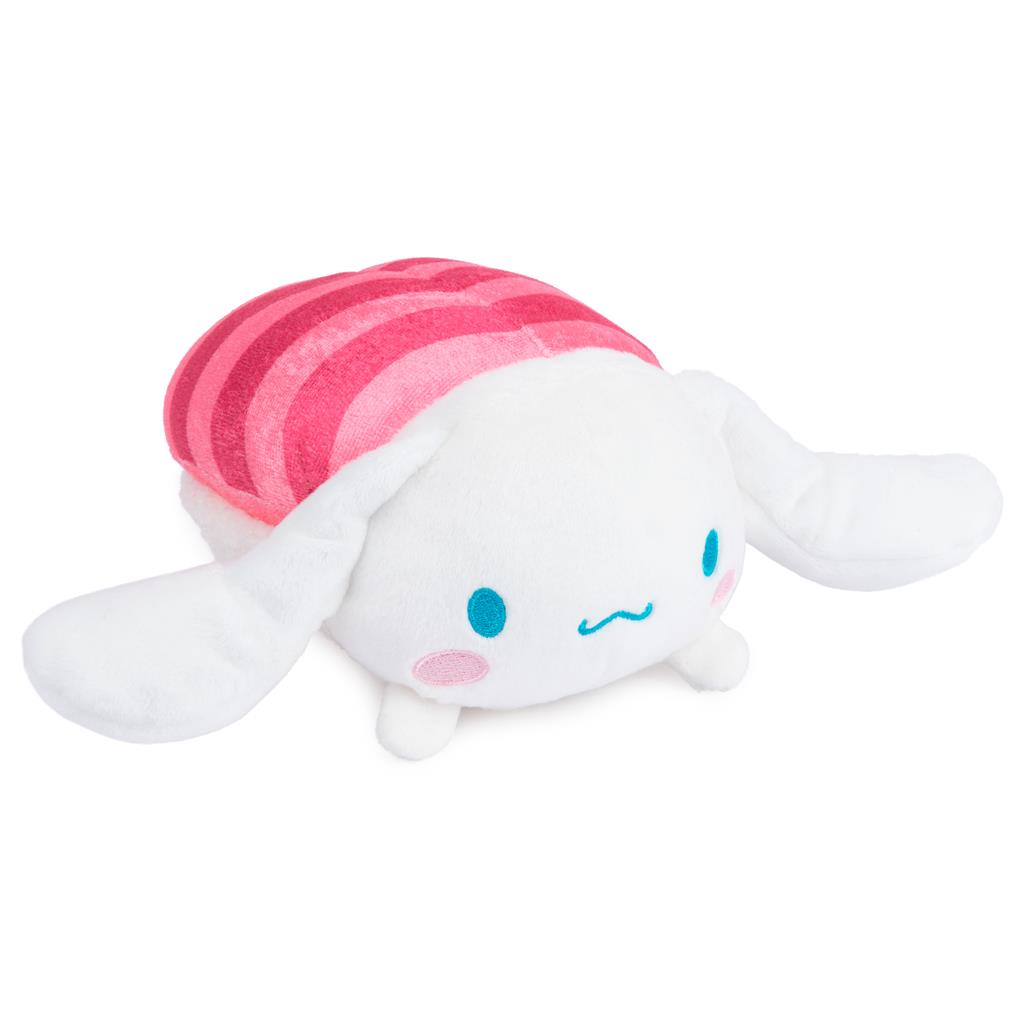 White plush toy with pink striped covering.
