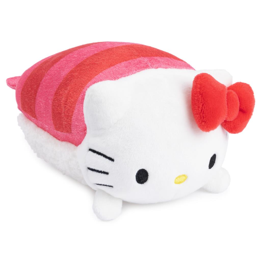 Hello Kitty plush toy shaped like sushi. White fur, red bow, black eyes, and pink striped top.
