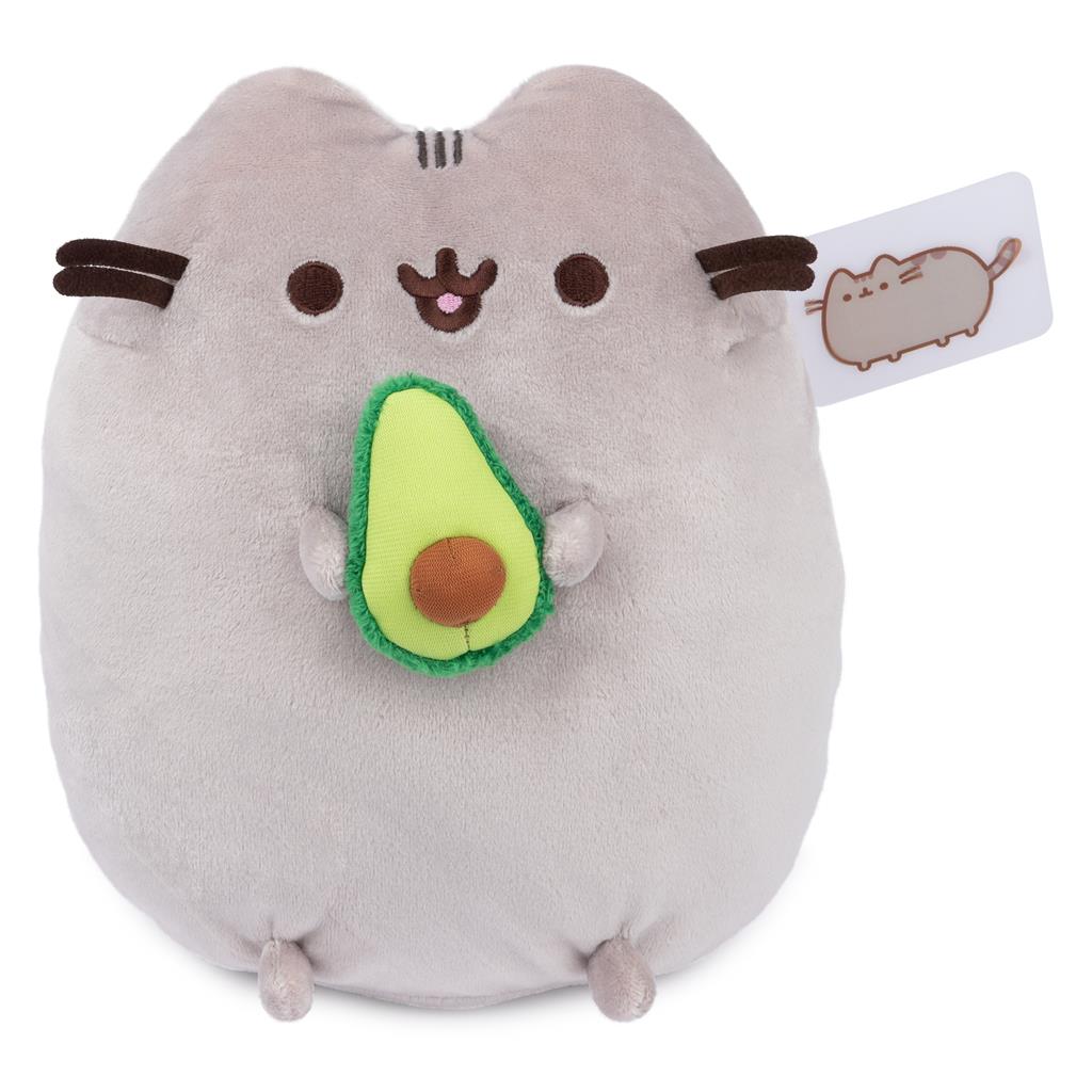Pusheen plush toy holding an avocado.