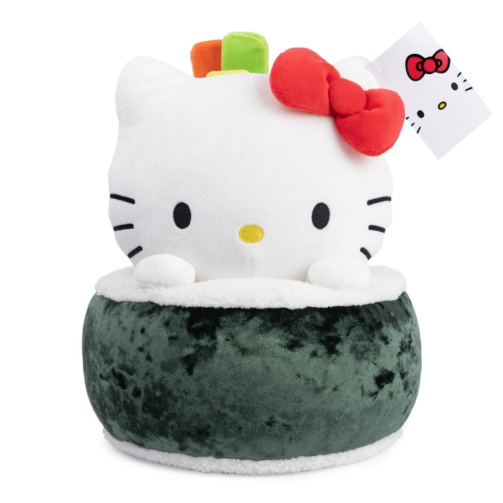 A plush Hello Kitty toy sitting in a sushi roll.