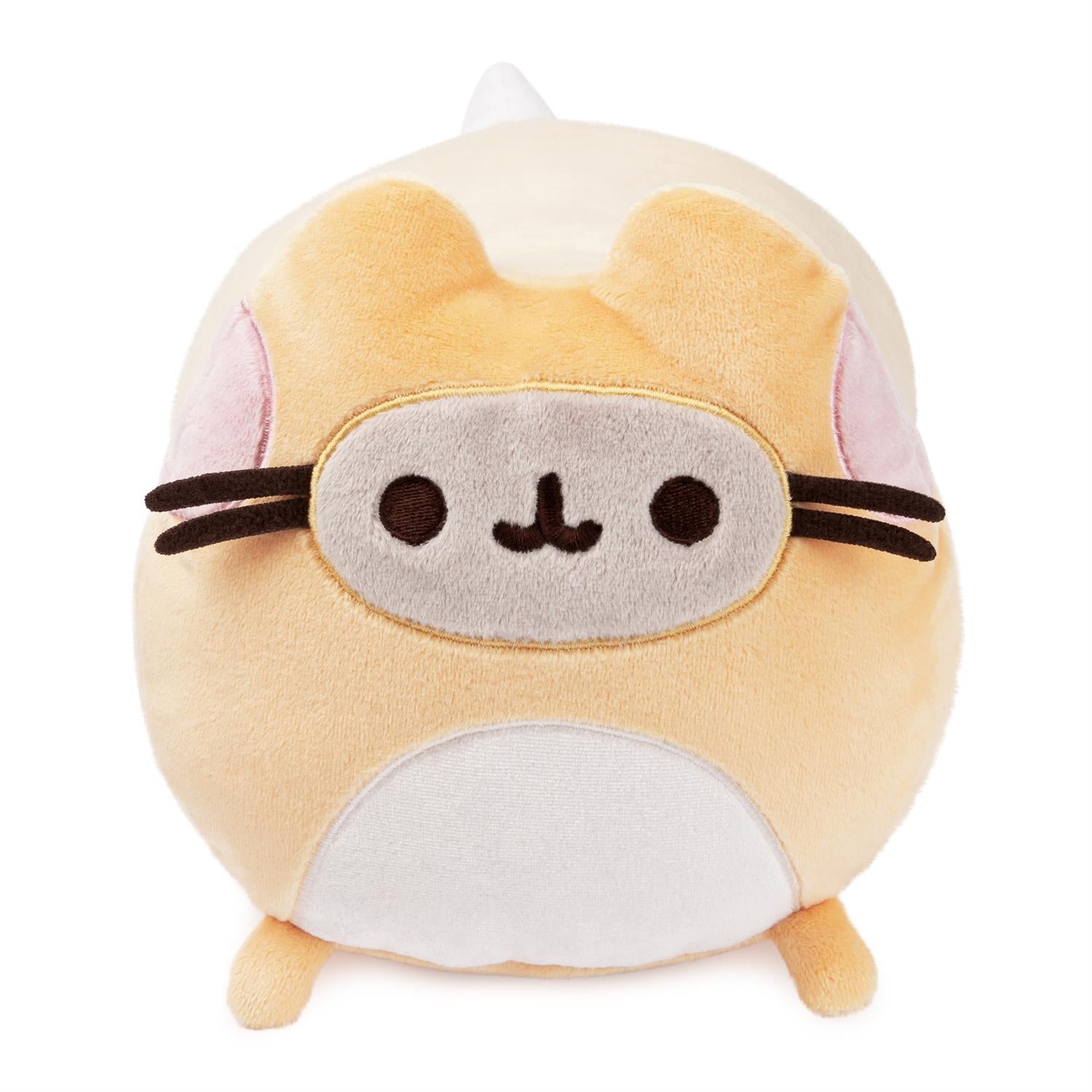 Plush, round, orange cat toy with sleeping mask.