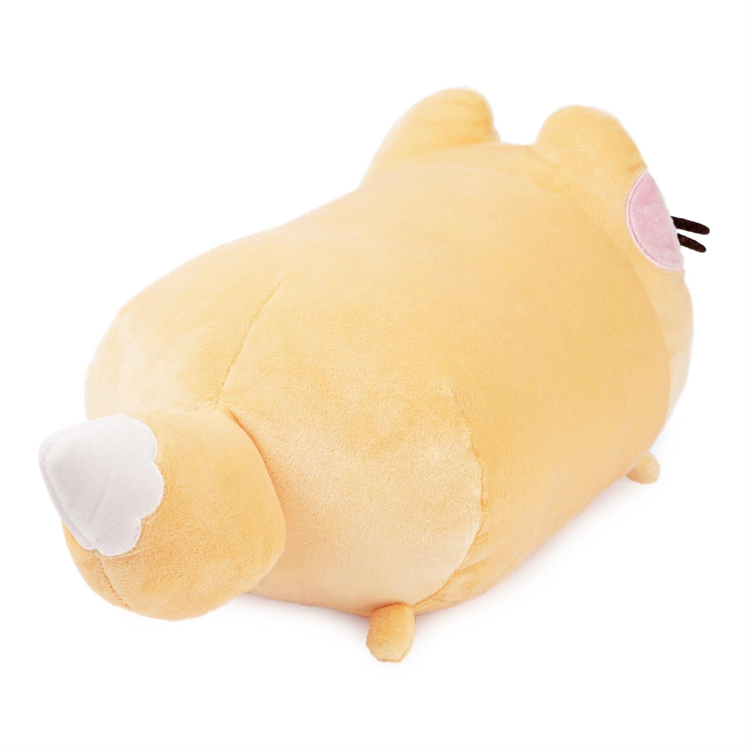 An orange cat plush toy with a white tail.