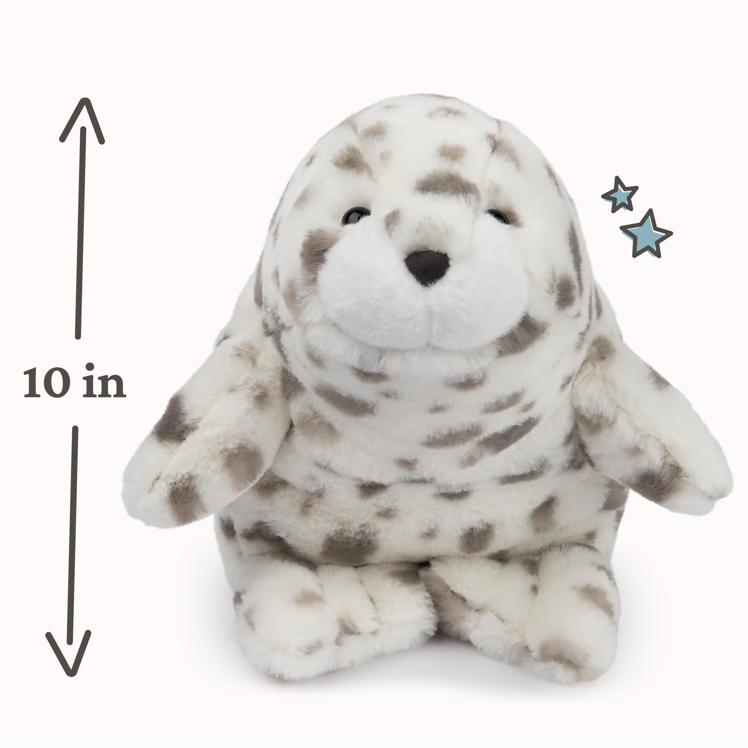 Plush seal toy with measurement indicator on a white background