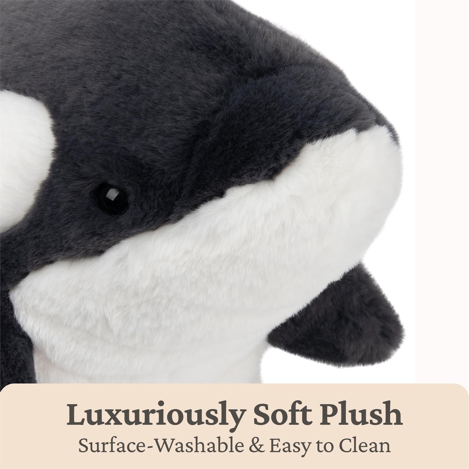 Plush toy with text 'Luxuriously Soft Plush, Surface-Washable & Easy to Clean' on a white background