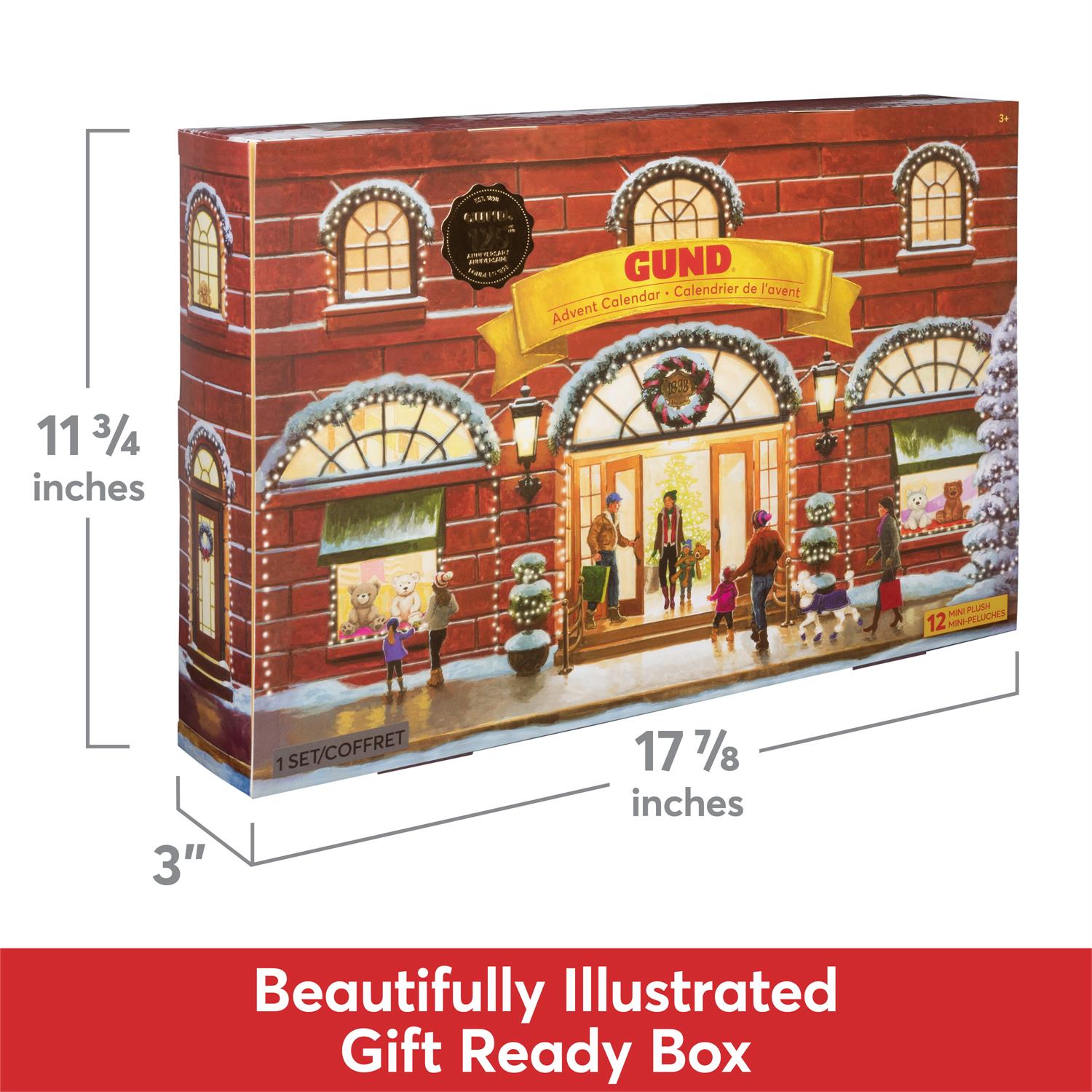 Gund Advent calendar packaging with dimensions and product details.