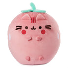 Strawberry-shaped, pink, stuffed cat toy with green leaves.