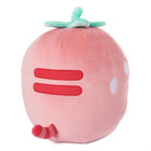 Pink, plush, stylized cat-shaped strawberry with green stem.