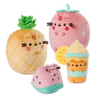 Four fruit-themed Pusheen plush toys: pineapple, strawberry, watermelon, and smoothie.