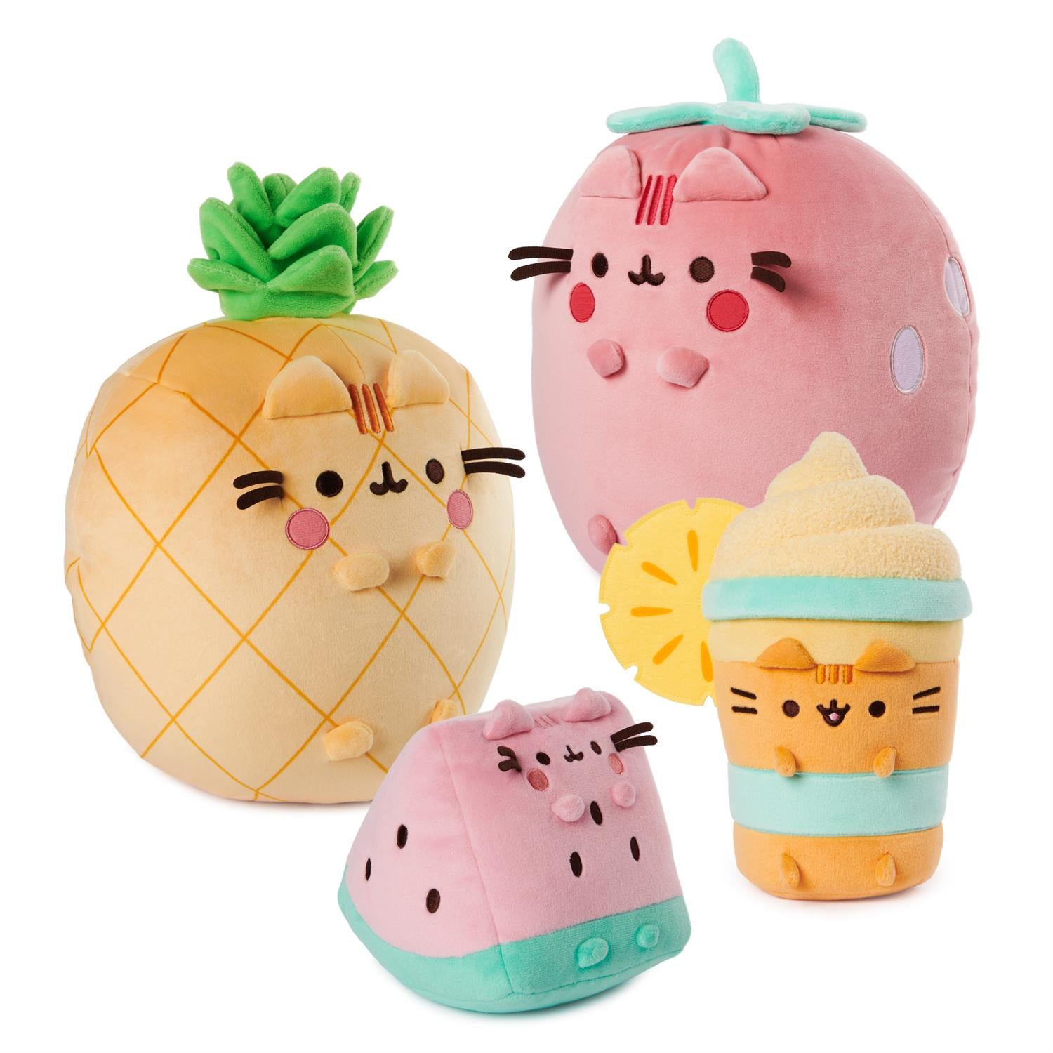 Four fruit-themed Pusheen plush toys: pineapple, strawberry, watermelon, and smoothie.