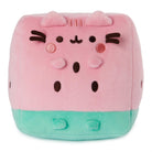Square, pink plush cat toy with watermelon-green base.