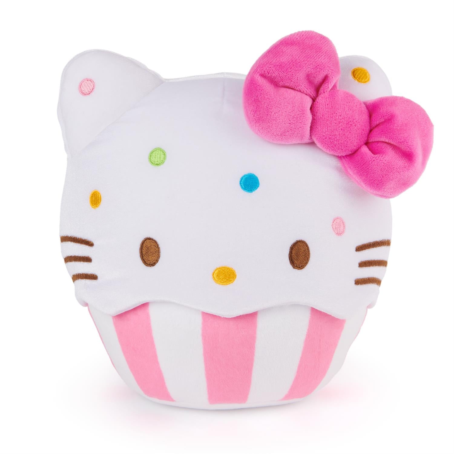 Hello Kitty cupcake plush toy with pink bow.