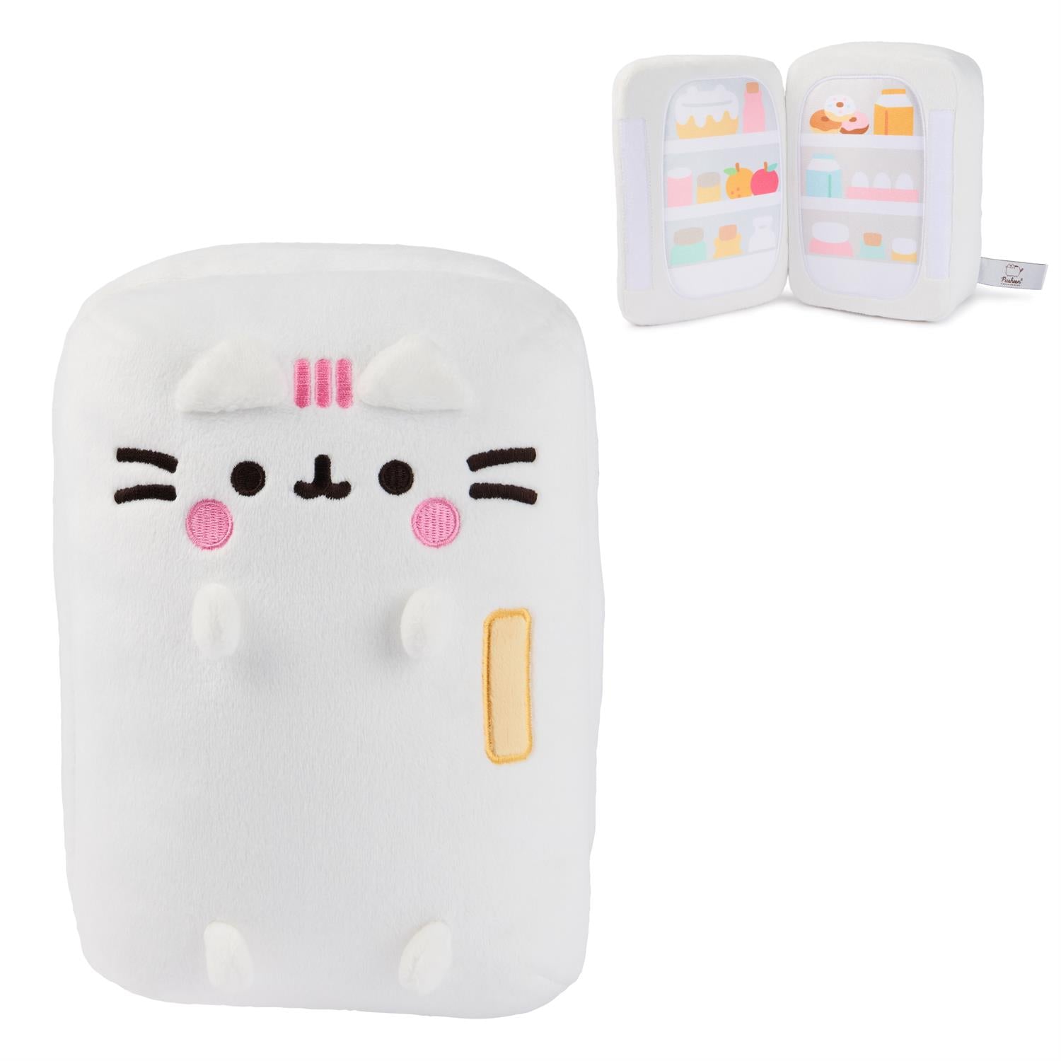 White cat-shaped plush refrigerator toy.