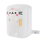 White, rectangular Pusheen plush toy.