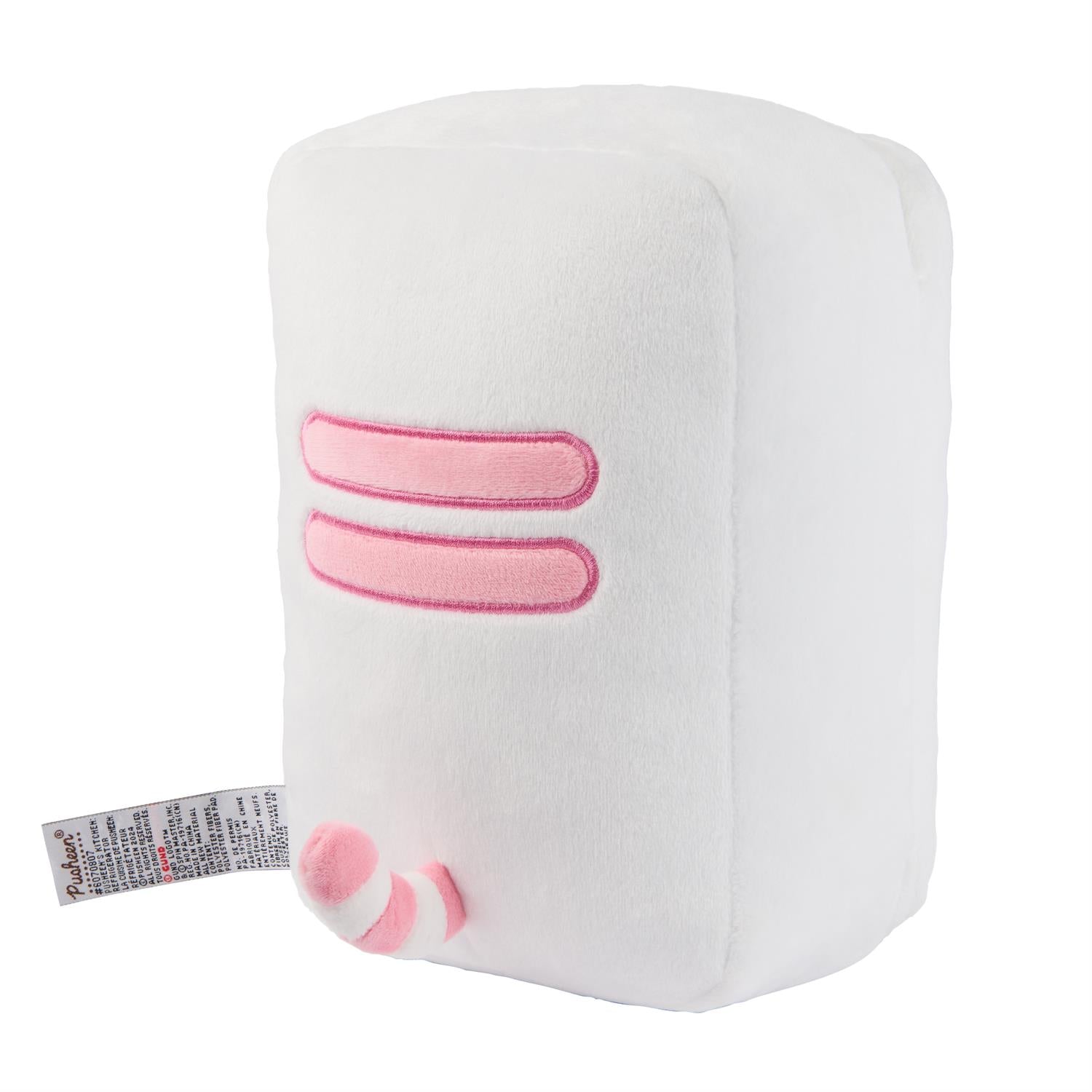 White plush refrigerator with pink details.
