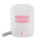 White plush refrigerator toy with pink stripes and a pink and white handle.