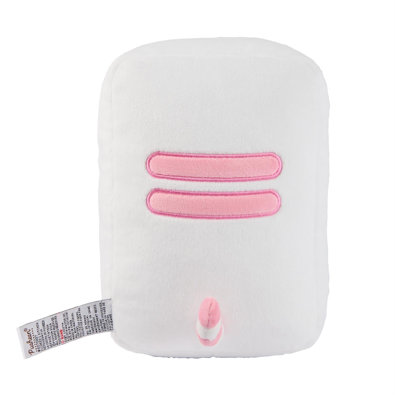 White plush refrigerator toy with pink stripes and a pink and white handle.